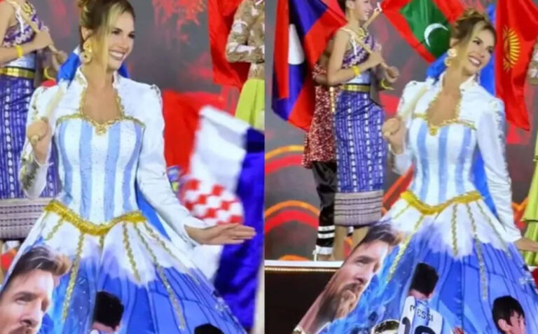 Miss Argentine Alina Luz Akselrad u haljini s fotografijama Lionela Messija
