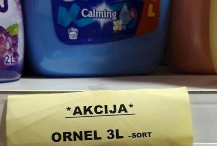 Akcijska cijena od 5,95 KM izazvala pažnju kupca u BiH - Facebook Omekšivač Ornel 3L s akcijskom oznakom i cijenom od 5,95 KM u prodavnici