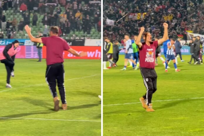Nermin Huskić Haćko slavi pobjedu Sarajeva ispred južne tribine Koševa