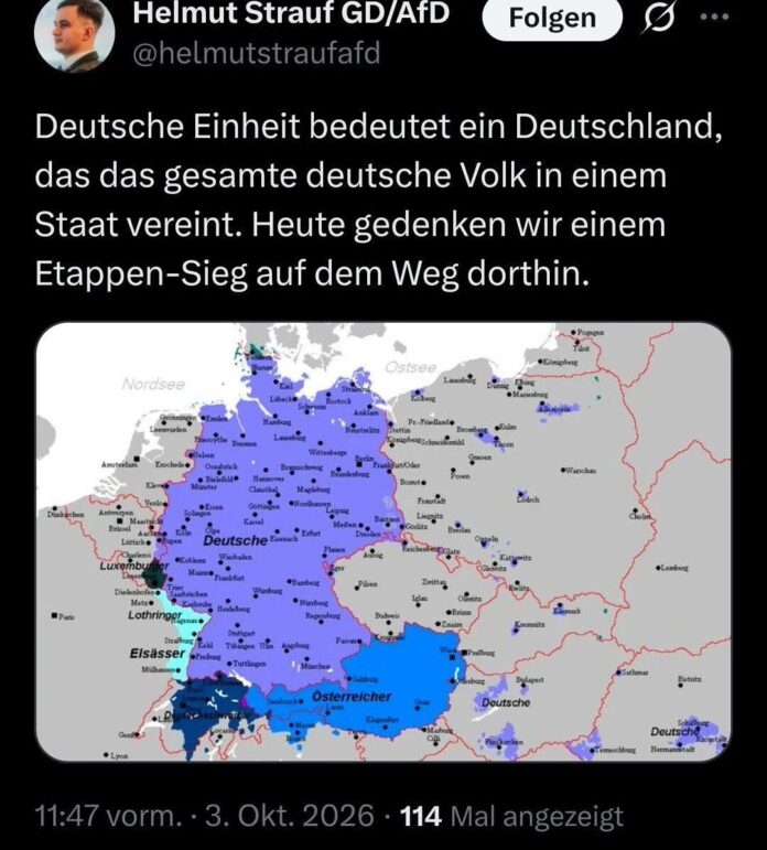 Mapa velike Njemačke koju je objavio član omladine AfD-a
